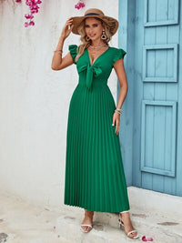 Women's Green Short Sleeve Tied Ruffled V-Neck Pleated Midi Dress