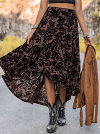 Boho Print Black Lace High Slit Printed Ruffled Midi Skirt