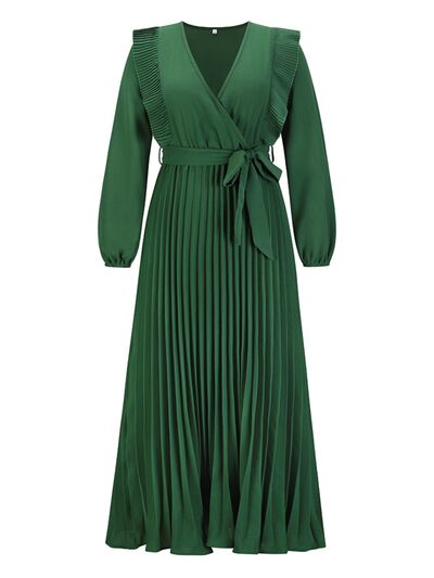 Long Sleeve Maxi Dress Pleated Surplice Waist Tie Midi