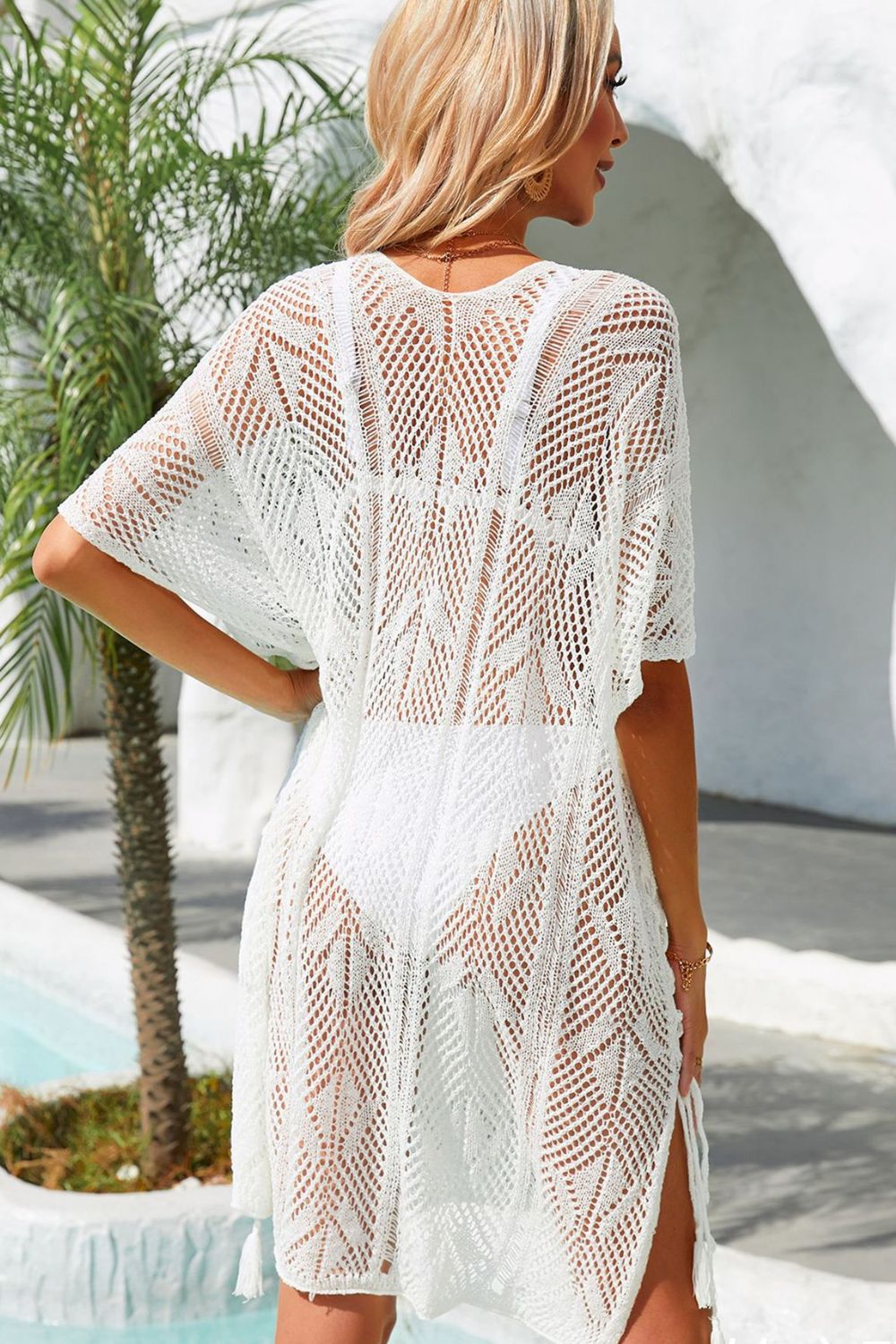 Bikini Cover up dress Side Slit Tassel Openwork White Swimsuit Cover-Up Dress