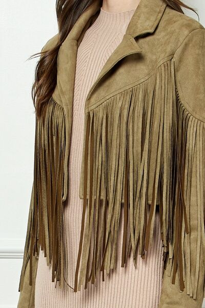 KESLEY Suede Fringe Long Sleeve Moto Jacket