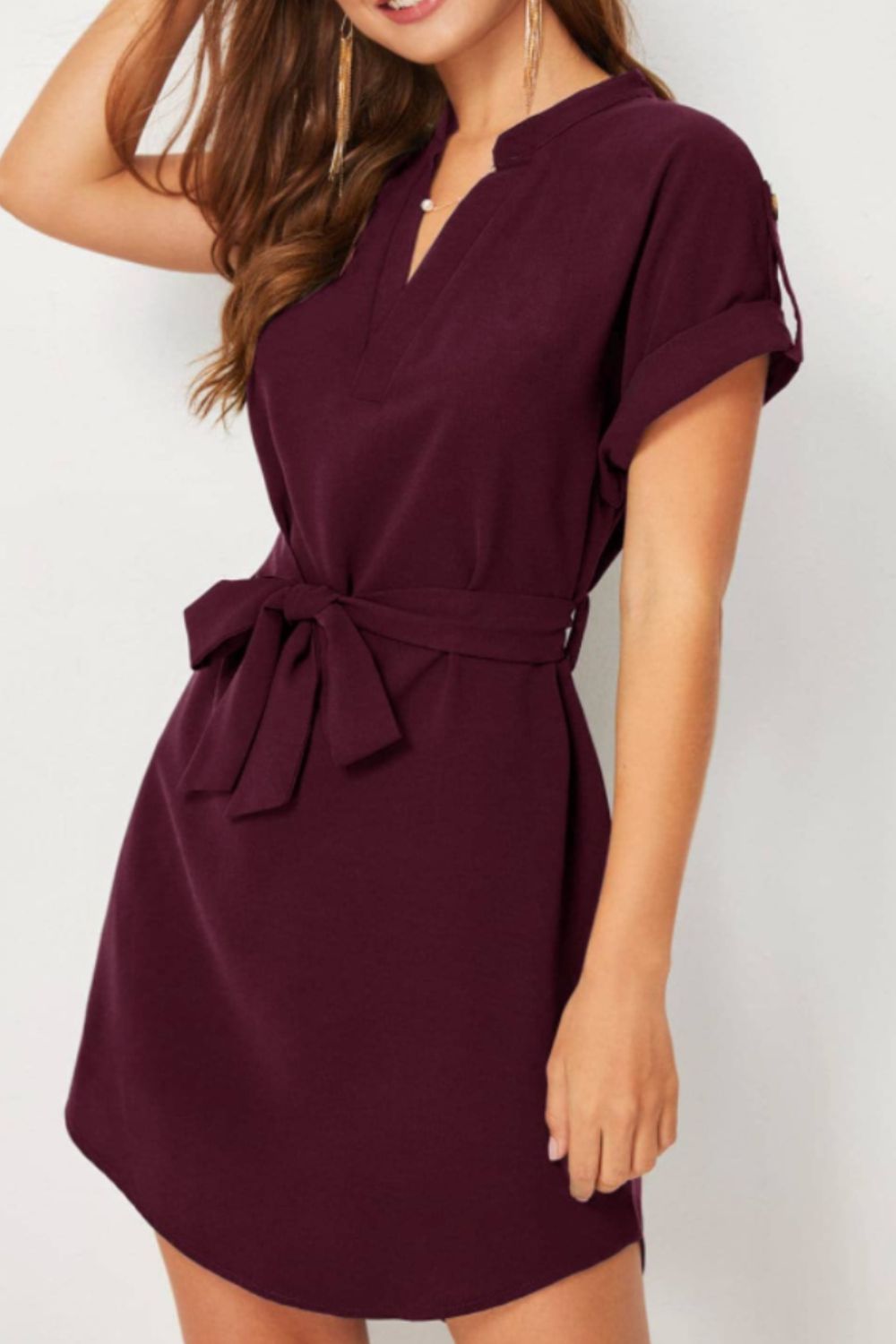 Women's Work Dress Casual Solid Color V Neck Waist Tied Notched Short Sleeve Dress