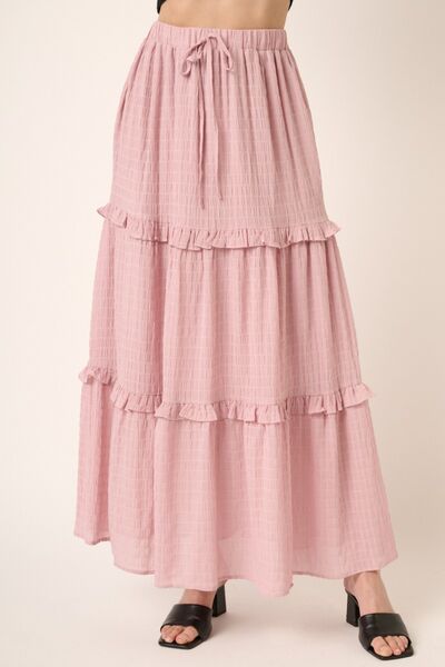 Casual Pink Long Skirt Mittoshop Drawstring High Waist Frill Flowy Maxi Skirt