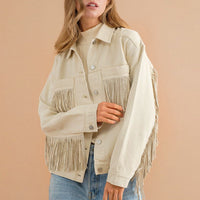 Fringe Denim Jacket Detail Dropped Shoulder Pink Shacket