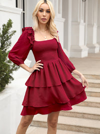 Ruffle Skirt Dress Off The Shoulder Casual Women's Fashion Smocked Elastic Waist Square Neck Layered Dress