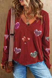 shirt, top, blouse, shirts, long sleeve shirts, womens fashion, womens clothing, heart print shirts, red shirts, casual womens shirts, nice long sleeve shirt, v neck shirts, nice shirts, cute shirts, boho shirt, lounge tops, sparkly shirts, shiny shirts, sequin shirt, sequin top