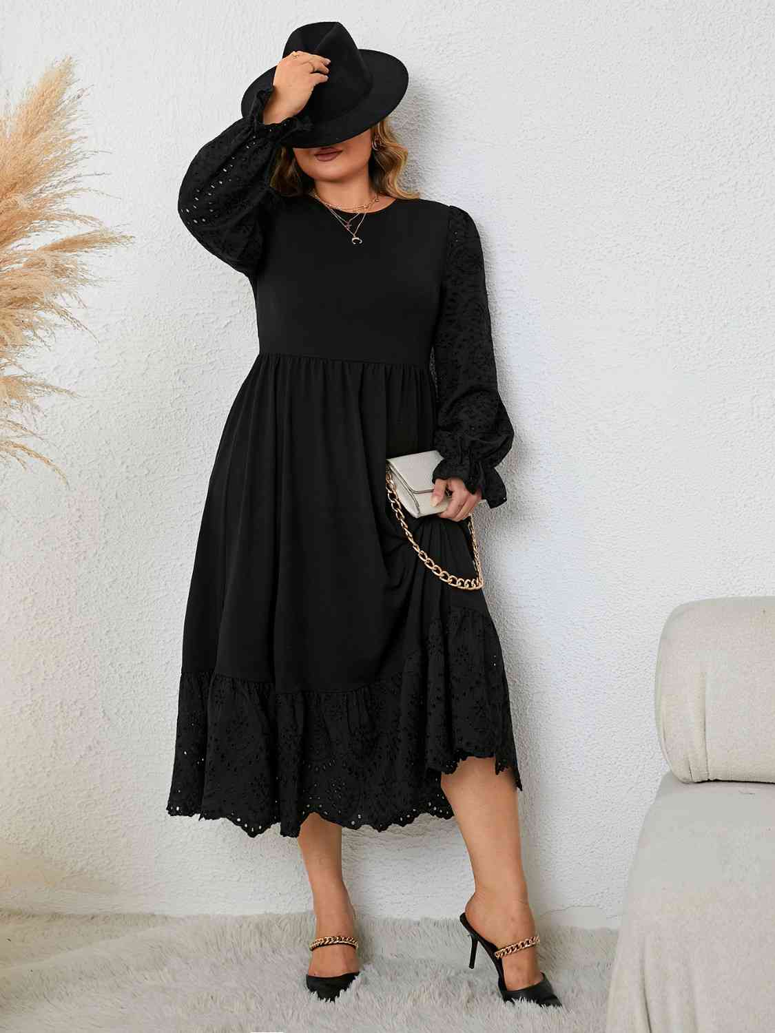 Black Long Sleeve Casual Plus Size Flounce Sleeve Lace Detail Dress