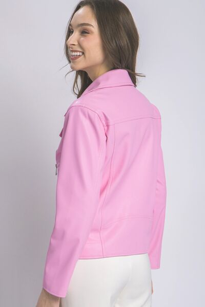 Pink Womens Jacket Collared Neck Zip Up Coats