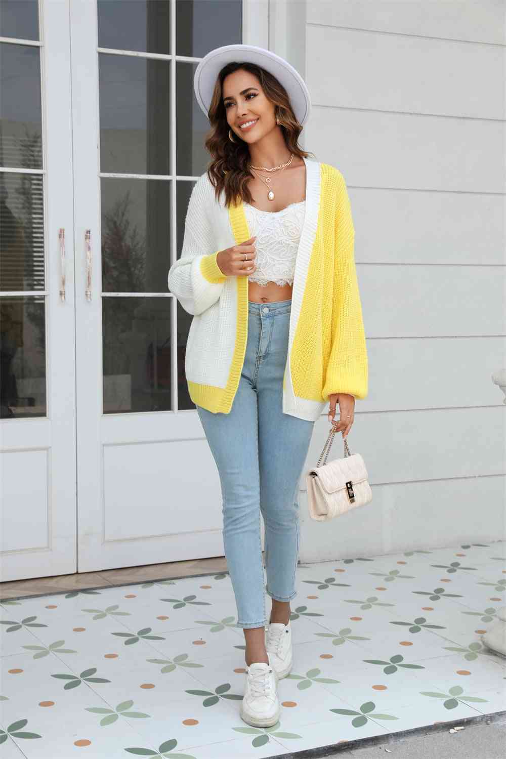 Fashion Sweater Open Front Contrast Color Balloon Sleeve Womens Fashion Cardigan