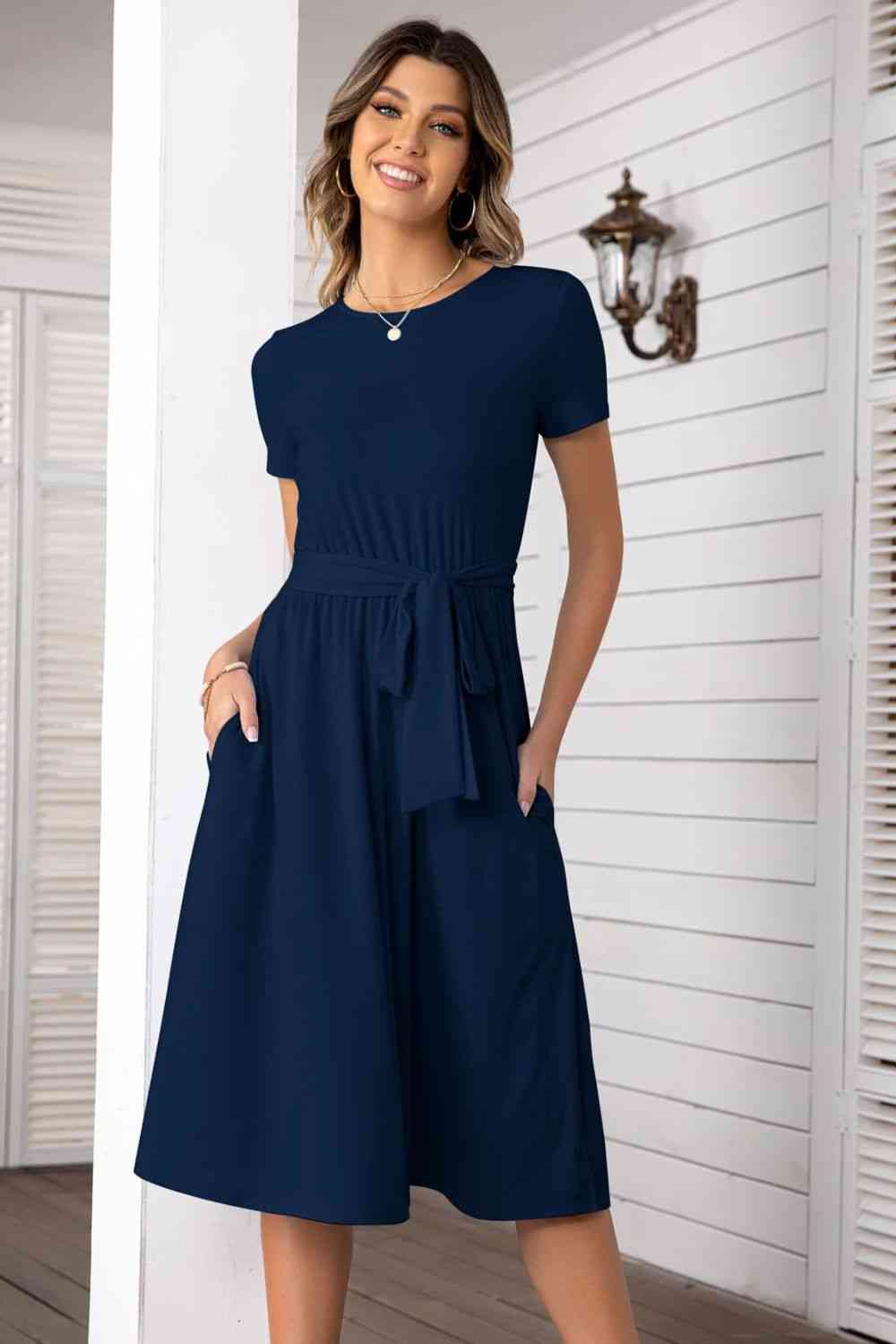 Women's Casual Work Dress Belted Tee Shirt Short Sleeve Midi Dress With Pockets