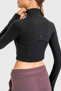 Womens Zip Front Cropped Sports Jacket with thumbhole Fashion Activewear Top