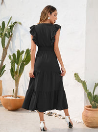 Cinch Waist Tiered Ruffled V-Neck Short Sleeve Maxi Dress New Women's Fashion casual day dresses