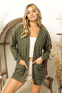 Olive Green Checkered Long Sleeve Open Front Sweater Cardigan