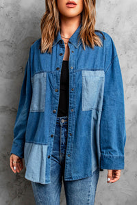 Womens Denim Long Sleeve Shirt  Color Block Snap Jacket