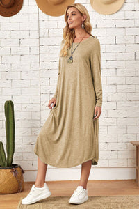 Women's Casual Maxi T-Shirt Dress With Pockets Loungewear Fashion Pocketed Round Neck Long Sleeve Tee Dress