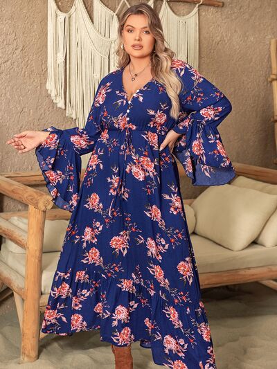 Plus Size Printed Half Button Flare Long Sleeve Dress