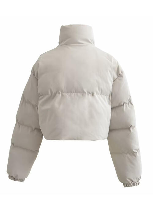 Women's Puffy Coat Snap and Zip Closure Drawstring Cropped Winter Coat Jacket Fashionable