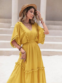 Tassel Trim Smocked V-Neck Short Sleeve Maxi Dress