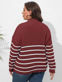 Plus Size Zip-Up Striped Sweater with heart print