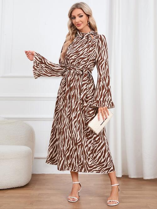 Animal Print Tie Front Ruffle Trim Long Sleeve Casual Maxi Midi Dress