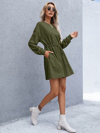 Womens Casual Drawstring Round Neck Dropped Shoulder Mini Dress