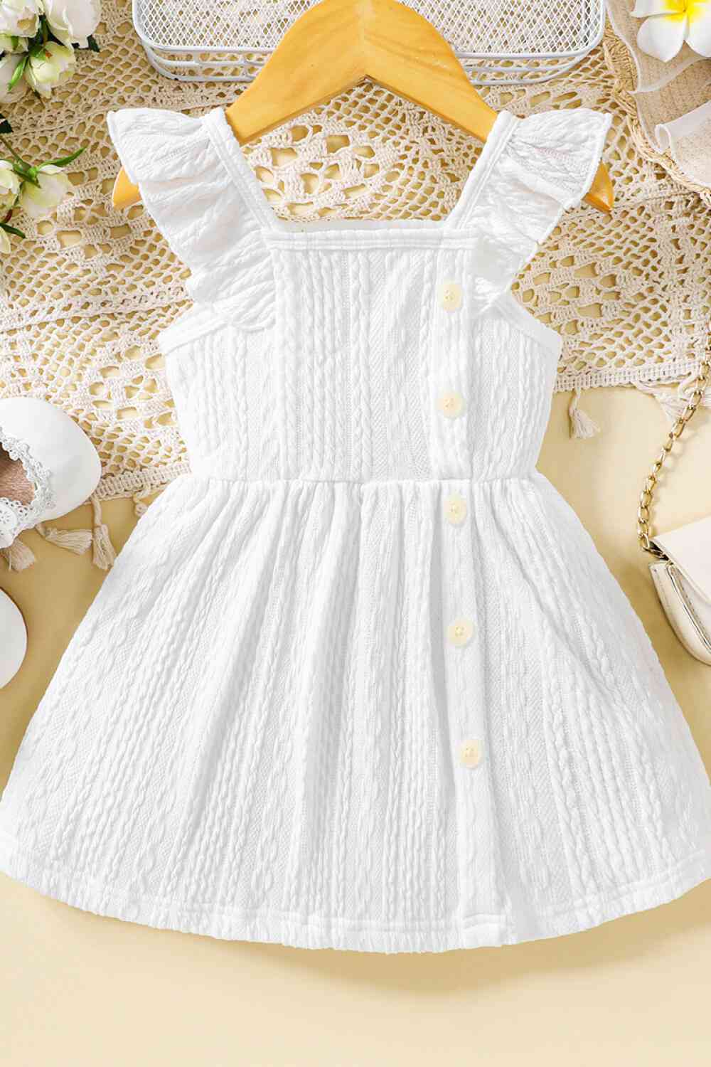 Baby Girl Decorative Button Ruffle Shoulder Textured Dress Baby Clothing