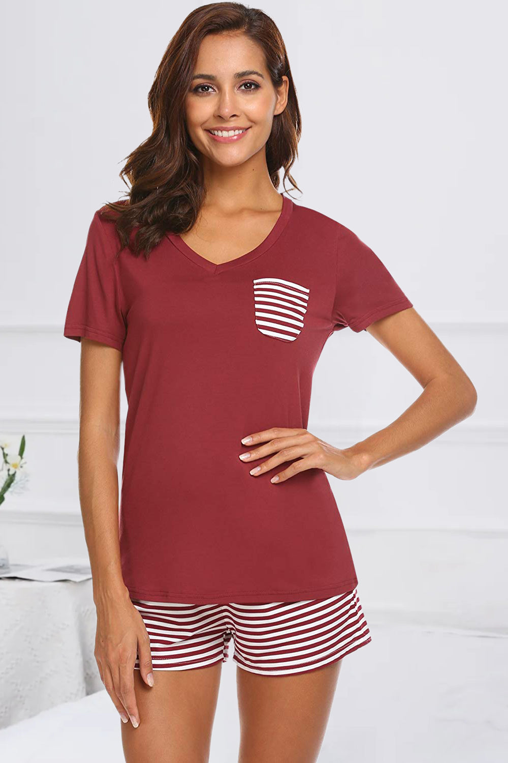 Pajamas Set Striped Short Sleeve Top and Shorts Lounge Set