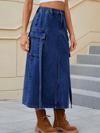 Slit Pocketed High Waist Denim Skirt with pockets