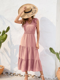 Cinch Waist Tiered Ruffled V-Neck Short Sleeve Maxi Dress New Women's Fashion casual day dresses