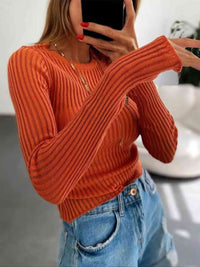 Women's Cotton Sheer See Through Round Neck Long Sleeve Ribbed Knit Top