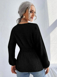 Notched Dropped Shoulder Knit Long Sleeve Top