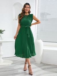 Round Neck Tie -Waist Pleated Short Sleeve Midi Dress Womens Fashion