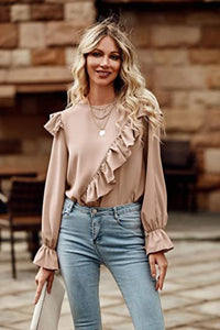 Womens Casual Blouse Shirt Ruffled Round Neck Long Sleeve Top