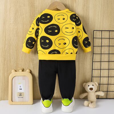 Printed Round Neck Long Sleeve Top and Pants Set Baby Boy Fashion Clothing and Gifts