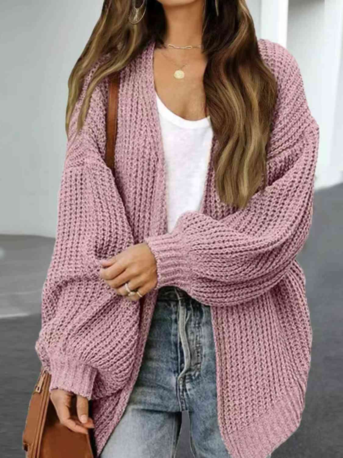 Drop Shoulder Balloon Sleeve Crochet Cardigan