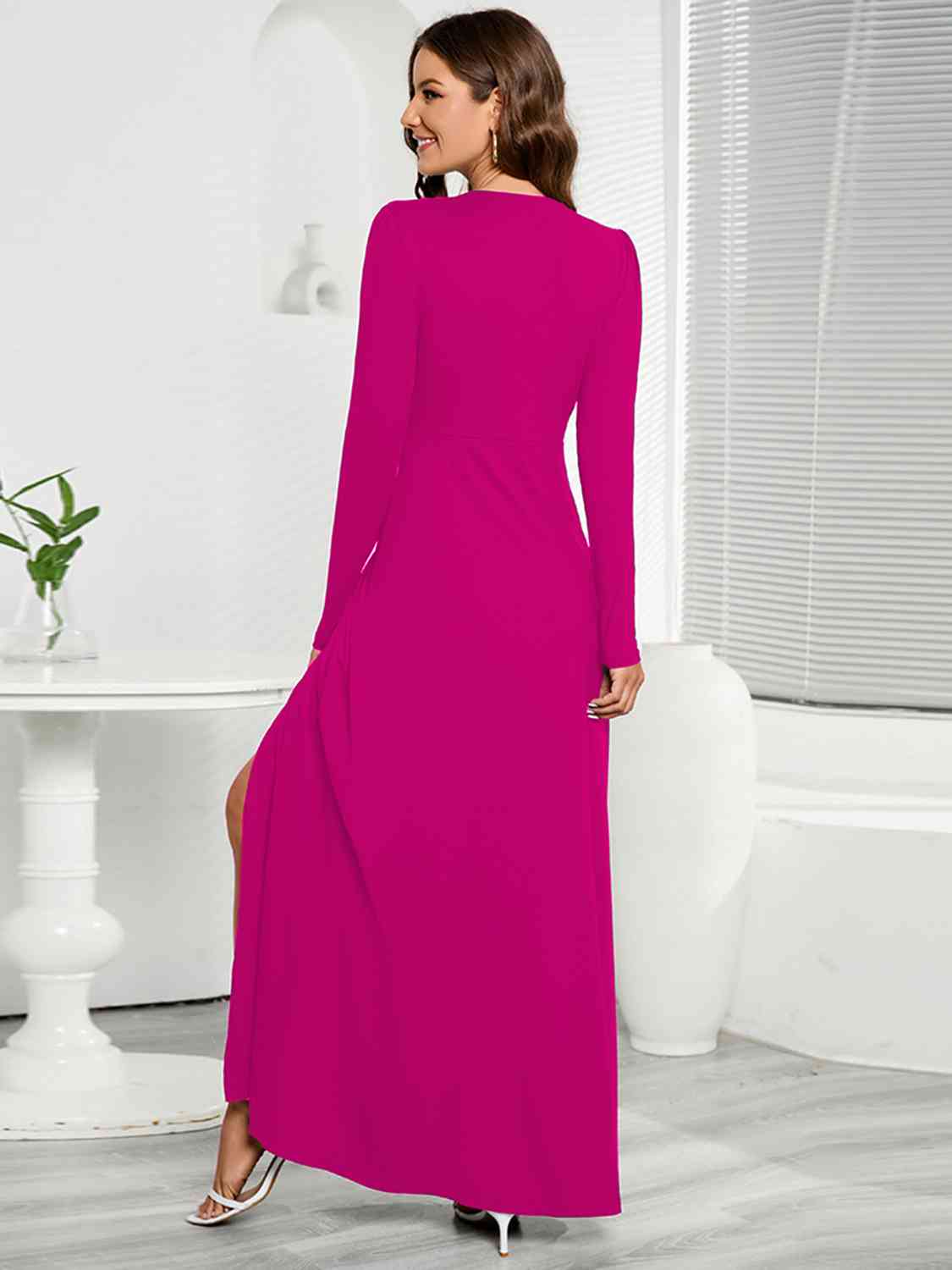 Women's V-Neck Long Sleeve Split  High Slit Maxi Dress