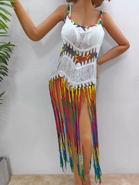 Swimsuit Cover-Up Dress Fringe Scoop Neck Spaghetti Strap Women's Crochet bikini Cover-Up