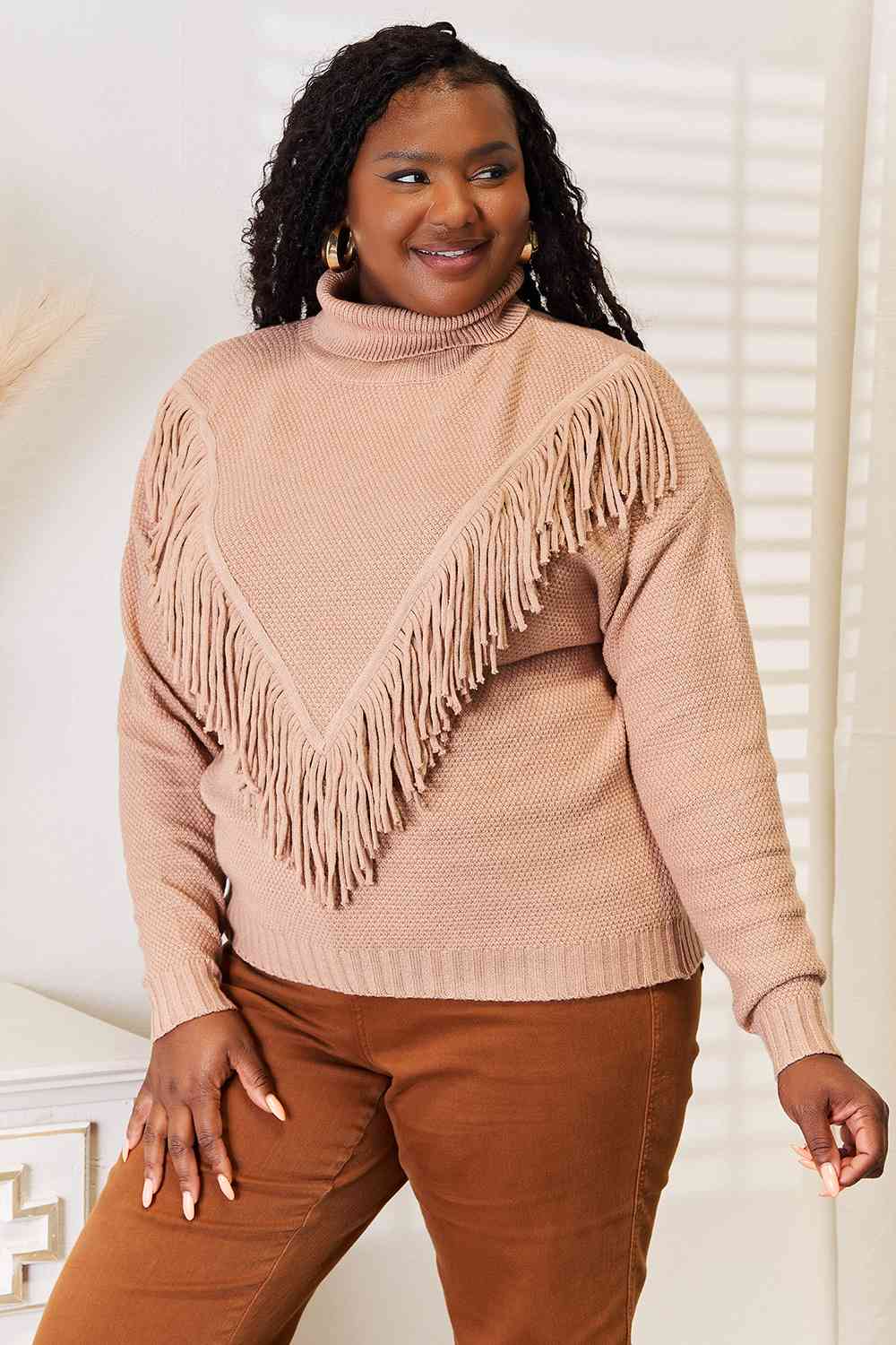 Fringe Front Fashion Long Sleeve Sweater Woven Right Turtleneck