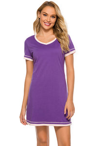 Pajama Dress Contrast Trim Short Sleeve Lounge Dress