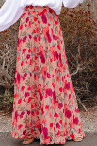 Floral Printed Elastic Waist Pleated Maxi Skirt