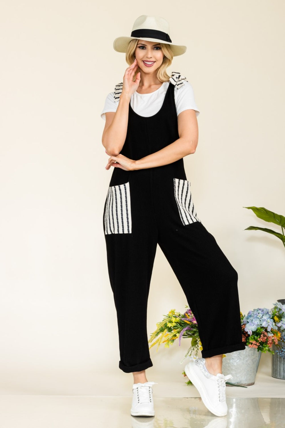 Women's Stripe Contrast Pocket Rib Jumpsuit Long Pants Romper Petite and Plus Size Fashion