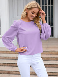 Solid Color Long Sleeve Shirt Women's Fashion Top Round Neck Balloon Sleeve Blouse