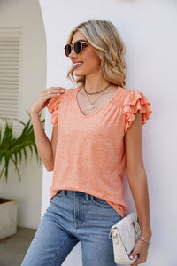 casual tops, blouses and shirts for women, peach color shirts, ruffled sleeve shirts for women,  peach color shirts for women