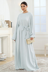 Solid Color Long Sleeve Flowy Maxi Dress Tunic Round Neck Kimono Sleeve Tie Waist Long Dress KESLEY