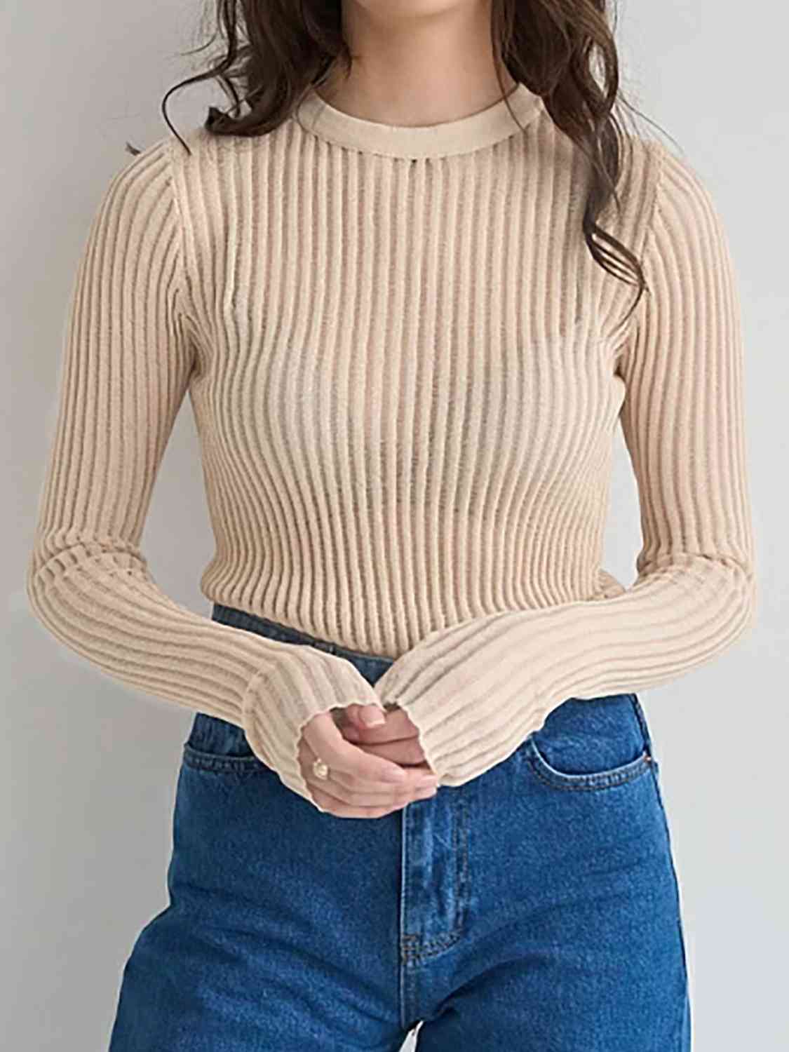 Women's Cotton Sheer See Through Round Neck Long Sleeve Ribbed Knit Top