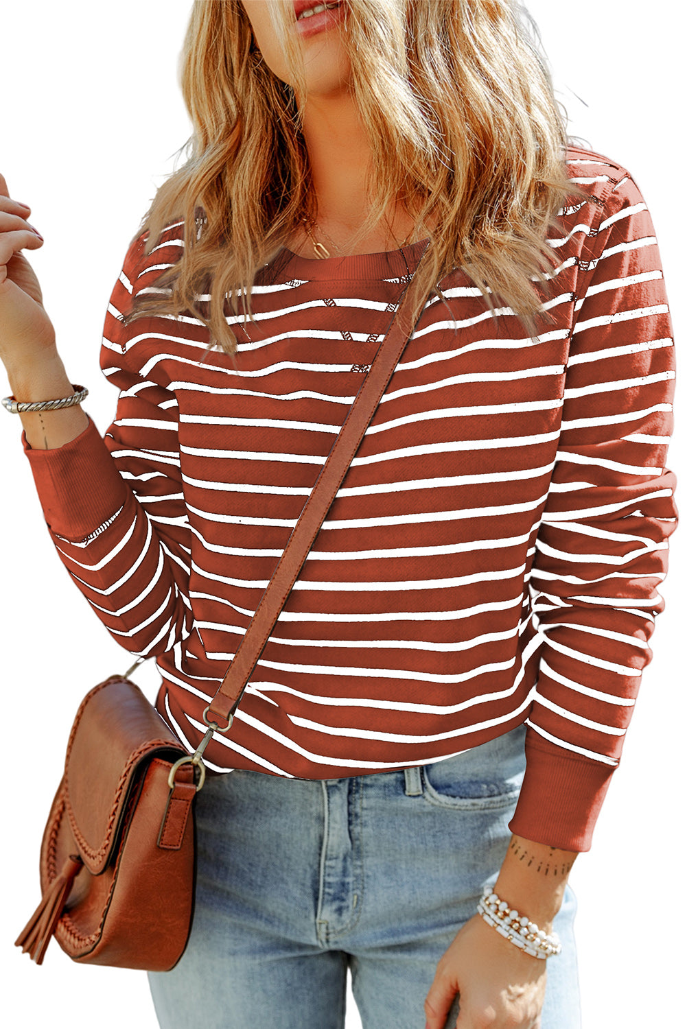 Women's Striped Long Sleeve Shirt Round Neck Basic Top