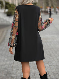 Women's Rose Embroidered Sheer Sleeves V-Neck Long Sleeve Casual Mini Dress