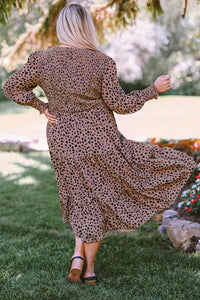 Plus Size Animal Print Smocked Tiered Casual Long Sleeve Dress