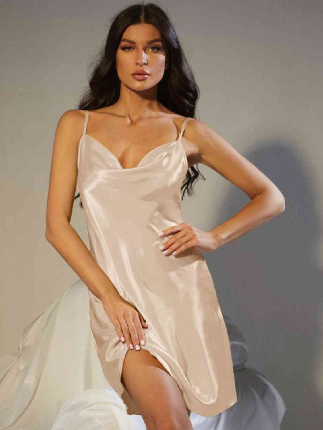 100% Satin Nightgown Women's Spaghetti Strap Cowl Neck Satin Night Dress Pajamas Loungewear