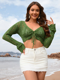 Crochet Crop Top Shirt Drawstring Openwork Long Sleeve Cover-Up